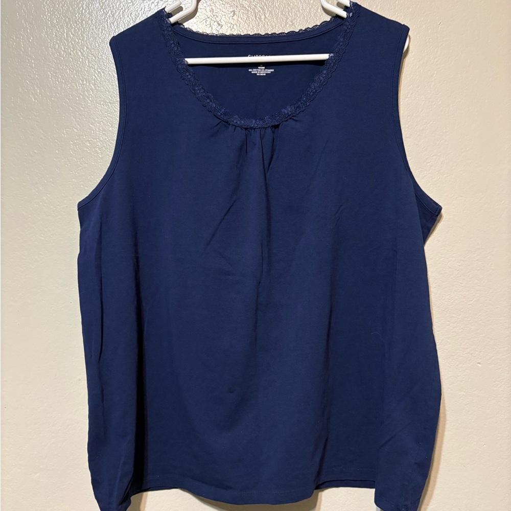 Supreme Essentials by Catherines Navy Sleeveless Lace-Trim Tank Top Size 1X